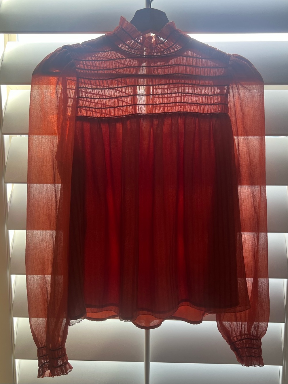 Reformation Orange Smocked High-Neck Long-Sleeve Blouse Size S